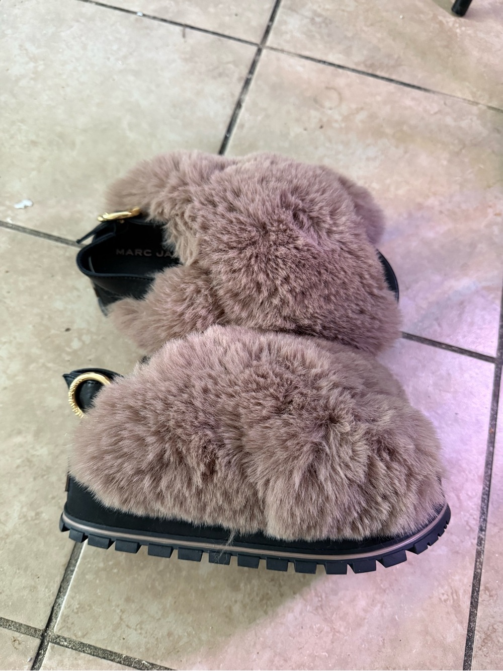 Marc Jacobs Taupe Faux-Fur Crossband Slides with Black Lug Sole